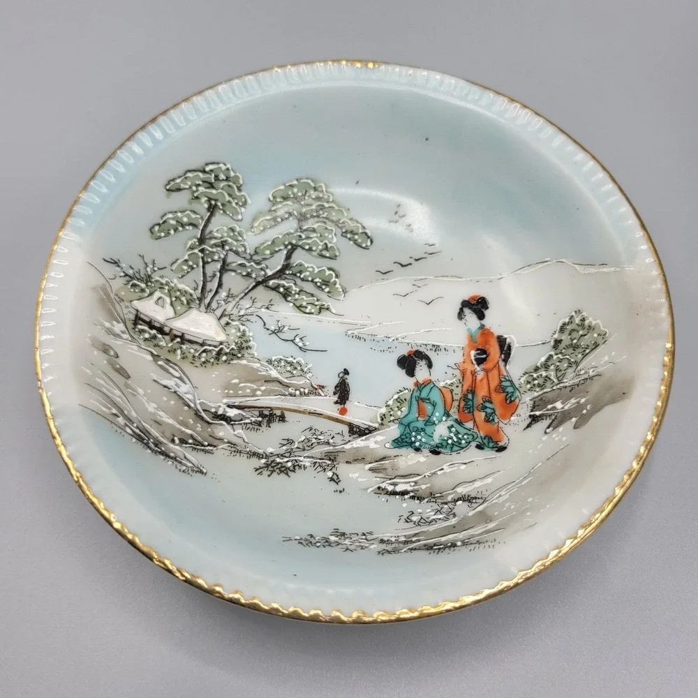 Vtg Japan Small Bowls Geisha Women Handpainted Birds Bridge Beautiful Lot of 4